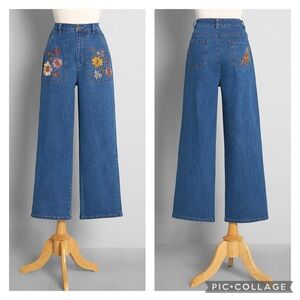 ModCloth x Princess Highway Floral Embroidered Wide-Leg Jeans Size 16